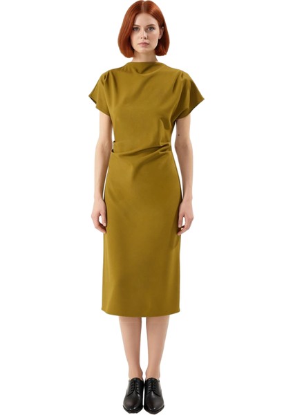 Kadın A Kesim Düşük Kısa Kol Midi Boy Düz Desen Degaje Yaka Büzgülü Dokuma Elbise Modern Şıklık modelleri