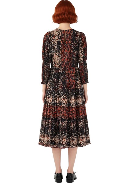 Kadın Maxi Boy Şifon Astarlı Animal Desenli Hakim Yaka Uzun Kollu Skater Elbise Kaliteli Şık fırsatları