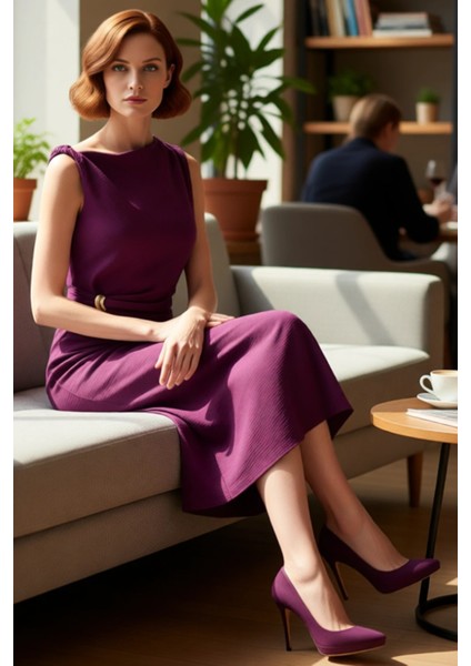 Kadın Shift Kalıp Aksesuar Detaylı Aerobin Dokuma Midi Elbise Şık ve Konforlu Günlük Kullanım Için fiyatları