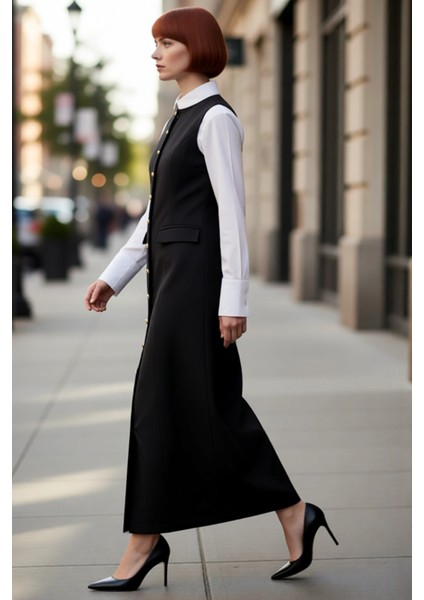 Kadın Siyah Gold Düğme Detaylı Maxi Jile Elbise Dokuma Kumaş Bisiklet Yaka Kolsuz Shift Kalıp Günlük