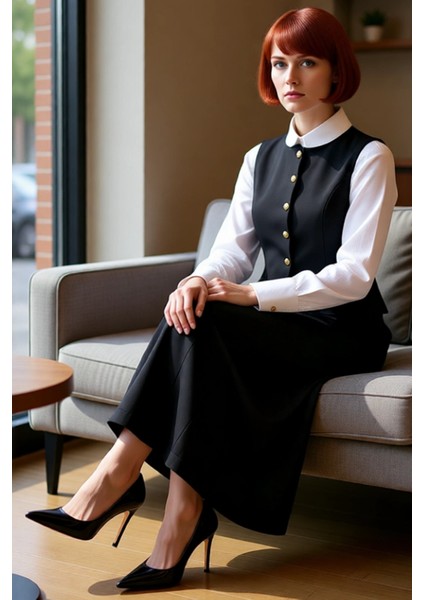 Kadın Siyah Gold Düğme Detaylı Maxi Jile Elbise Dokuma Kumaş Bisiklet Yaka Kolsuz Shift Kalıp Günlük fiyatları