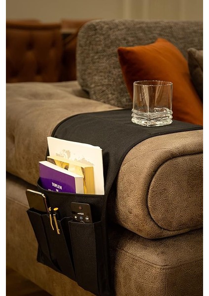 Kumandalık Dergi Gazete Düzenleyici Koltuk Kenarı Örtü (Siyah)