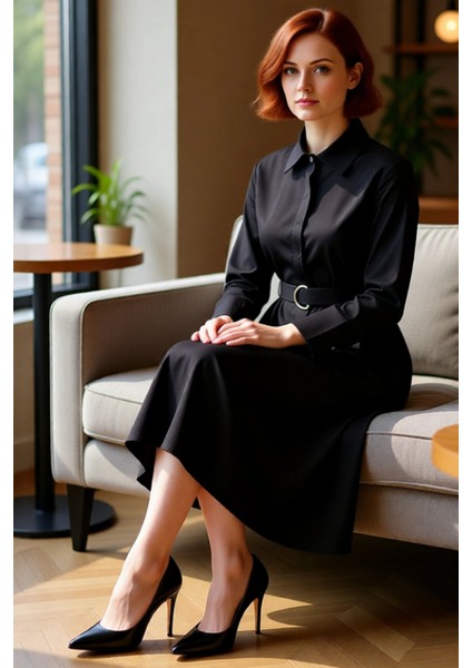 Kadın Gömlek Yaka Uzun Yarasa Kol Kuşaklı Dokuma Midi Elbise Günlük ve Şık Kombinlerin Vazgeçilmezi