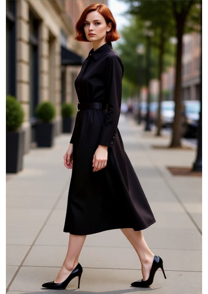 Kadın Gömlek Yaka Uzun Yarasa Kol Kuşaklı Dokuma Midi Elbise Günlük ve Şık Kombinlerin Vazgeçilmezi fırsatları
