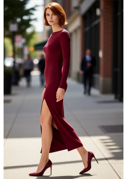 Kadınlar Için Kayık Yaka Uzun Kollu Maxi Boy Sırt Dekolteli Şık Bodycon Örme Elbise Kaliteli