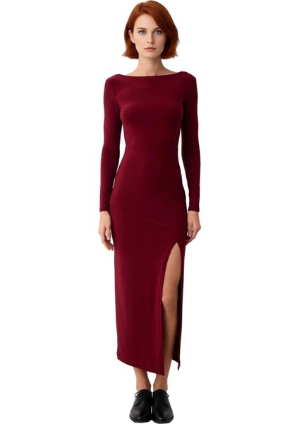 Kadınlar Için Kayık Yaka Uzun Kollu Maxi Boy Sırt Dekolteli Şık Bodycon Örme Elbise Kaliteli modelleri