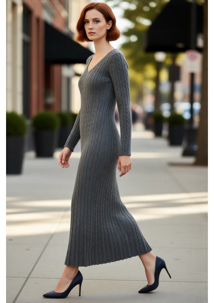 Kadın Triko A Line Saç Örgü Desenli V Yaka Maxi Elbise Uzun Kol Kışlık Günlük Şık ve Rahat Kombinler