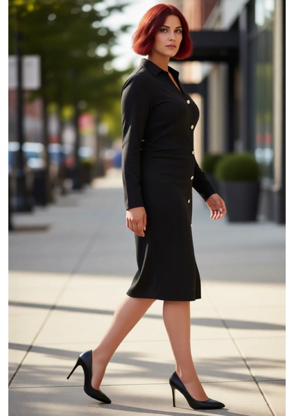 Kadın Büyük Beden Gömlek Yaka Büzgü Detaylı Örme Midi Elbise Şık Uzun Kol Kışlık Tasarım Kaliteli