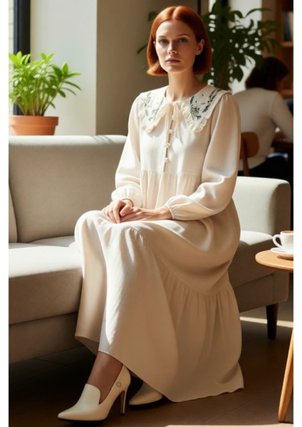 Kadın Nakış Detaylı Keten Görünümlü Dokuma Maxi Elbise Bebe Yaka Balon Kol Shift Kalıp Rahat Şıklık fiyatları