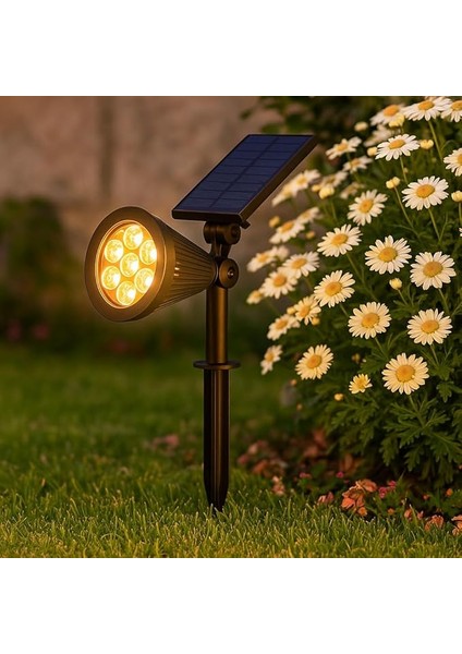 Solar LED Bahçe Armatürü Amber Işık – Güneş Enerjili Kazıklı &amp; Duvar Montajlı Çim Aydınlatma Lambası – 7 Led, IP65, 90 Lümen, 140X270X95 mm