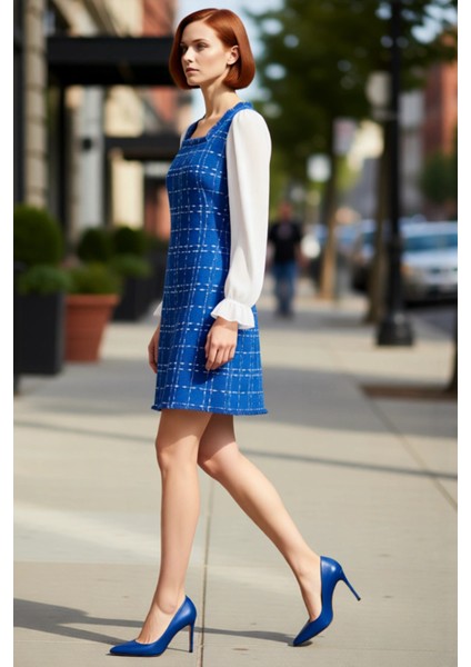 Kadın Ekose Kare Yaka A Kesim Mini Dokuma Elbise Tüvit Kumaş Gündüz Gece Şıklığıyla Kışlık Stil
