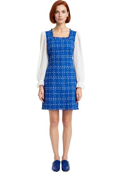 Kadın Ekose Kare Yaka A Kesim Mini Dokuma Elbise Tüvit Kumaş Gündüz Gece Şıklığıyla Kışlık Stil modelleri