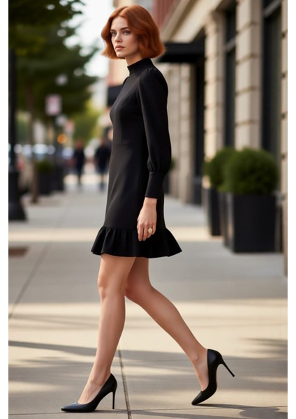 Kadın Lacivert A Kesim Dokuma Mini Elbise Uzun Balon Kollu Dik Yaka Iş ve Özel Davetler Için Zarif