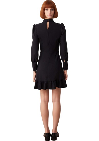 Kadın Lacivert A Kesim Dokuma Mini Elbise Uzun Balon Kollu Dik Yaka Iş ve Özel Davetler Için Zarif fırsatları