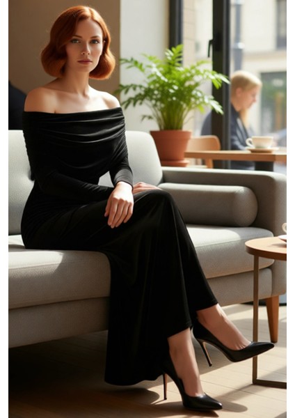 Kadın Bodycon Kahverengi Uzun Kol Carmen Yaka Maxi Elbise Şık Akşam Davetleri Için Ideal Kaliteli fiyatları