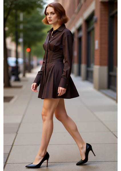 Kadın Kahverengi Korse Detaylı Poplin Gömlek Elbise Şık Kısa Mini Gece Elbisesi Tasarımı Kaliteli