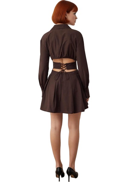 Kadın Kahverengi Korse Detaylı Poplin Gömlek Elbise Şık Kısa Mini Gece Elbisesi Tasarımı Kaliteli fırsatları