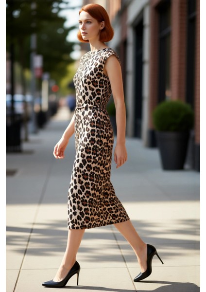 Kadın Leopar Desenli Midi Boy Astarlı Dokuma Elbise Bisiklet Yaka Kolsuz Rahat Kesim Yaz Bahar Stili