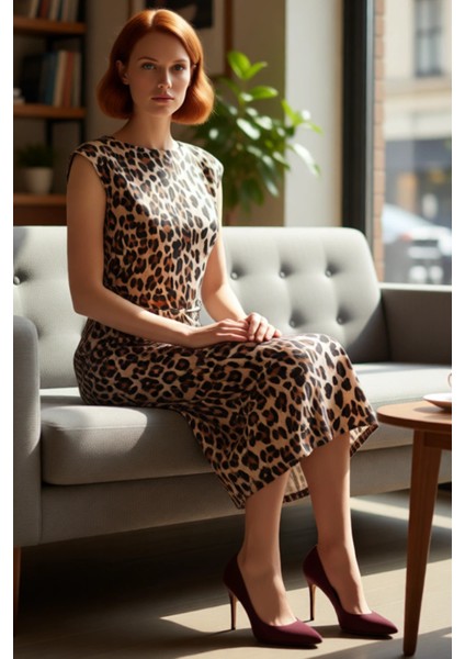 Kadın Leopar Desenli Midi Boy Astarlı Dokuma Elbise Bisiklet Yaka Kolsuz Rahat Kesim Yaz Bahar Stili fiyatları