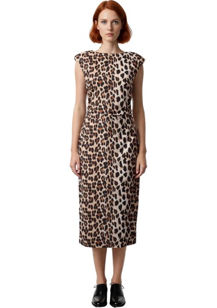 Kadın Leopar Desenli Midi Boy Astarlı Dokuma Elbise Bisiklet Yaka Kolsuz Rahat Kesim Yaz Bahar Stili modelleri