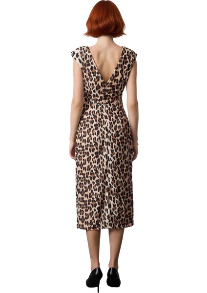 Kadın Leopar Desenli Midi Boy Astarlı Dokuma Elbise Bisiklet Yaka Kolsuz Rahat Kesim Yaz Bahar Stili fırsatları