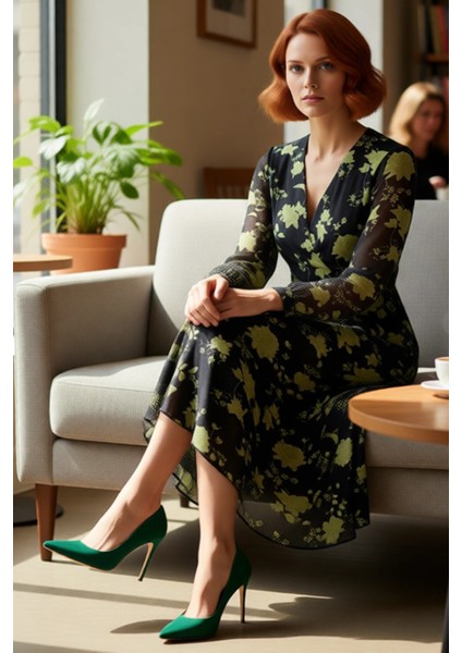 Kadın Zarif Çiçek Desenli A Line Kesim Kruvaze V Yaka Uzun Kollu Şifon Midi Elbise Yaz Sonbahar