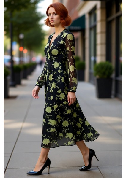 Kadın Zarif Çiçek Desenli A Line Kesim Kruvaze V Yaka Uzun Kollu Şifon Midi Elbise Yaz Sonbahar fırsatları