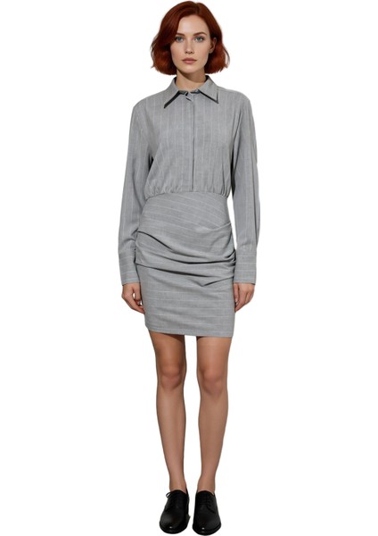 Kadın Çizgili Gömlek Yaka Uzun Kollu Dokuma Drape Detaylı Şık Vücuda Oturan Mini Elbise Kaliteli modelleri