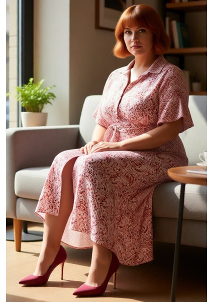 Kadın A Line Kuşaklı Maxi Boy Gömlek Yaka Kısa Melek Kol Soyut Desenli Viskon Elbise Ilkbahar Yaz fiyatları