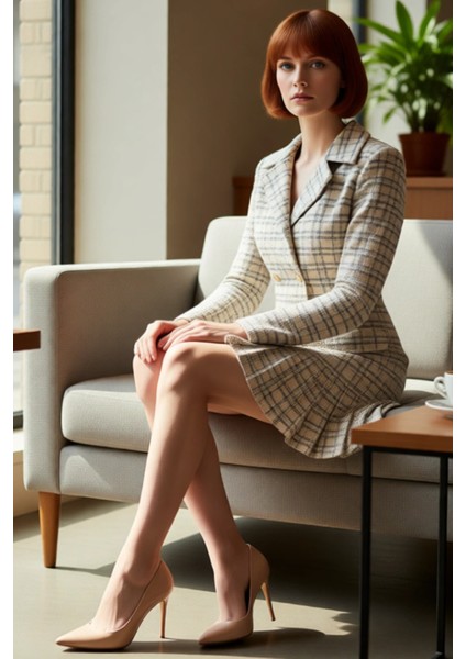 Kadın Ekru Ekose Ceket Yaka %100 Pamuk Tüvit Dokuma Elbise Ofis Tarzı Uzun Kollu Kış Şıklığı fiyatları