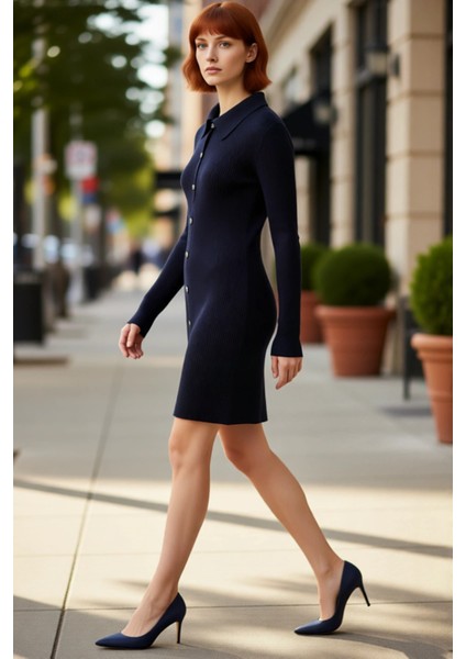 Kadın Polo Yaka Düz Fitilli Triko Mini Elbise Günlük Şıklığı Kış Boyunca Üstünüze Taşıyın.