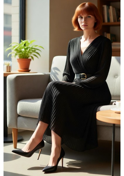 Kadın Kruvaze Yaka Piliseli A Kesim Şifon Maxi Elbise Astarlı Kemerli Uzun Kollu Şıklık Sunar fiyatları