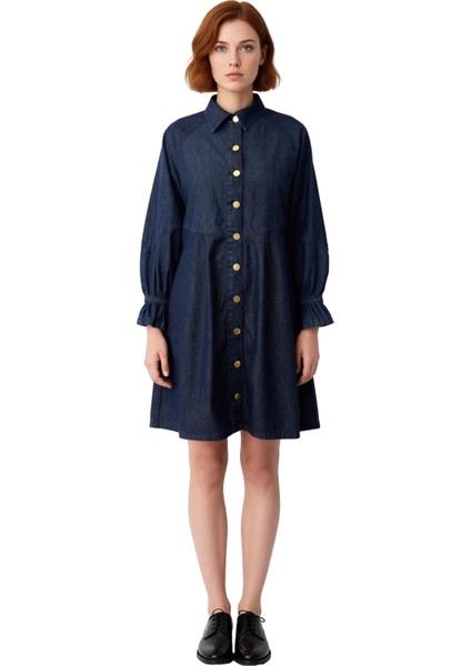 Kadın Düz Desen Rigid Kumaş Uzun Büzgülü Kol %100 Pamuk Gömlek Yaka Casual Denim Elbise Kaliteli fiyatları