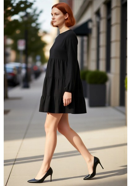 Kadın A Line Bürümcük Dokulu Balon Kol Uzun Kollu Bisiklet Yaka Mini Örme Elbise Kışlık Şık Tasarım