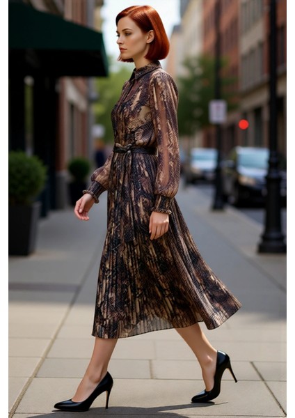 Kadın Animal Desenli Şifon Dokuma Midi Elbise Skater Kalıp Astarlı Gömlek Yaka Balon Kol Gipeli