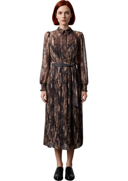 Kadın Animal Desenli Şifon Dokuma Midi Elbise Skater Kalıp Astarlı Gömlek Yaka Balon Kol Gipeli modelleri