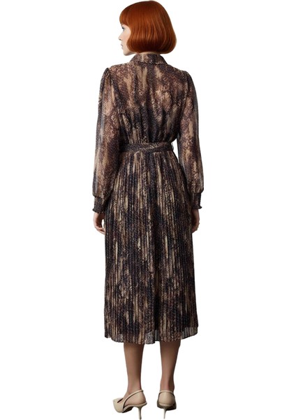 Kadın Animal Desenli Şifon Dokuma Midi Elbise Skater Kalıp Astarlı Gömlek Yaka Balon Kol Gipeli fırsatları