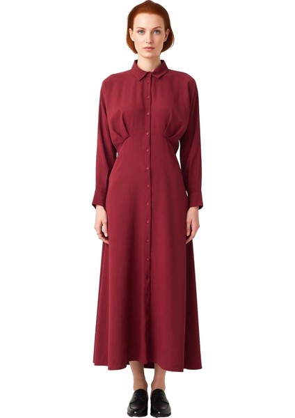 Kadın Düz Dokuma Gömlek Yaka Uzun Reglan Kol Maxi Elbise Rahatlığı ve Şıklığı Birleştirir modelleri