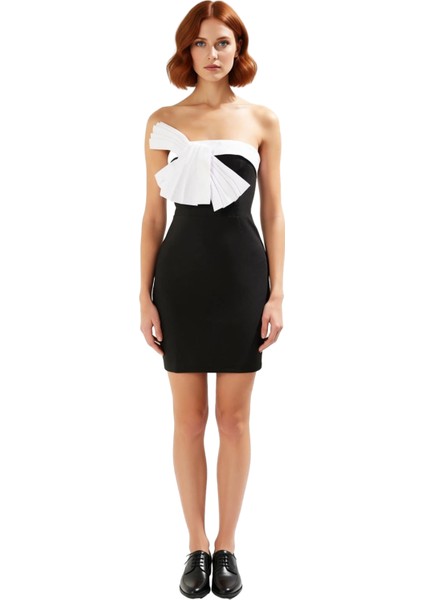 Kadın Straplez Fiyonklu Renk Bloklu Bodycon Dokuma Mini Elbise Şık Yazlık Kokteyl Davet Elbisesi modelleri