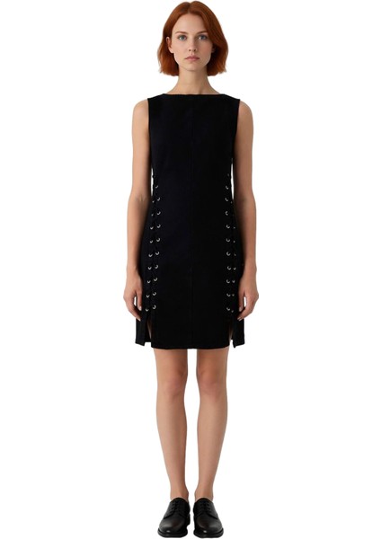 Kadın Kolsuz A Line Kesim Kuşgözü Bağlama Detaylı Mini Denim Elbise %100 Pamuklu Rahat Şık modelleri