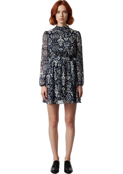 Kadın Etnik Desenli Kuşaklı Dik Yaka Uzun Kollu Şifon Mini Elbise Astarlı Skater Siluet Gündüz Gece. modelleri