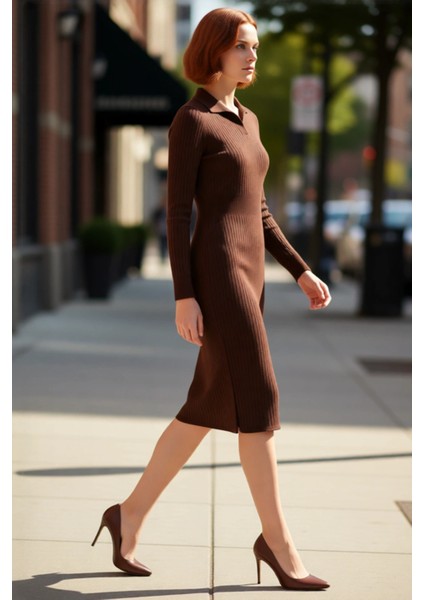 Kadın Triko Bodycon Midi Uzun Kol Polo Yaka Düz Elbise Şık ve Konforlu Kışlık Günlük Giyim