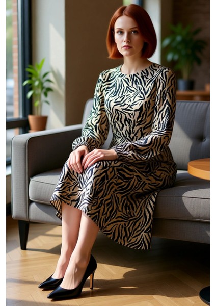 Kadın A Line Kalıp Yırtmaç Detaylı Çiçekli Desenli Bisiklet Yaka Balon Kol Midi Boy Elbise fiyatları