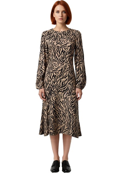 Kadın A Line Kalıp Yırtmaç Detaylı Çiçekli Desenli Bisiklet Yaka Balon Kol Midi Boy Elbise modelleri