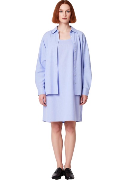 Kadın Büyük Beden Çizgili Dokuma Mini Elbise ve Uzun Kollu Gömlek Ikili Rahat Takım Kaliteli modelleri