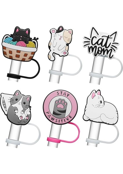 Kupası Için 6 Pcs Silikon S Stoper Seti Saman Kapakları 30 Oz / 40 Oz Tumbler Sızdırmaz Içecek Tıpaları Kupası Için Silikon Saman Stoper Kapakları Akuarları-Cat