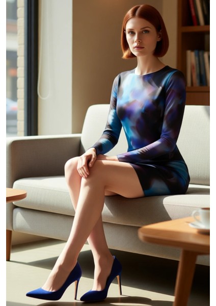 Kadın Çok Renkli Soyut Desenli Tül Bodycon Mini Elbise Uzun Kollu Şık ve Modern Gündüz Gece Tasarım fiyatları