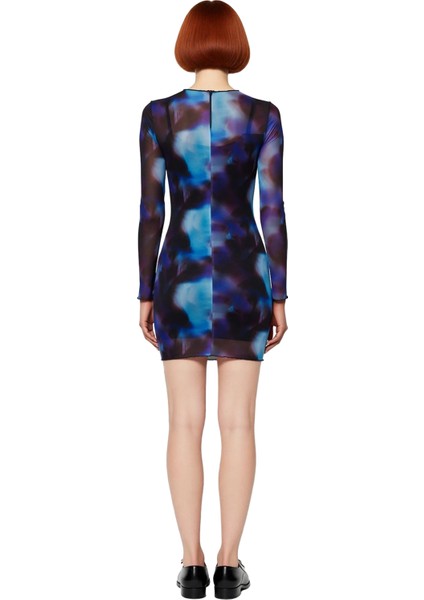 Kadın Çok Renkli Soyut Desenli Tül Bodycon Mini Elbise Uzun Kollu Şık ve Modern Gündüz Gece Tasarım fırsatları