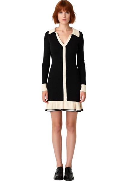 Kadın Renk Bloklu Polo Yaka A Line Triko Mini Elbise Uzun Kollu Kışlık Şık Seçenek. Kaliteli fiyatları