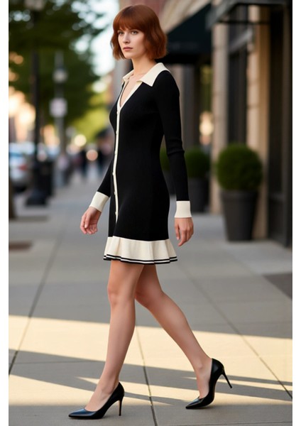 Kadın Renk Bloklu Polo Yaka A Line Triko Mini Elbise Uzun Kollu Kışlık Şık Seçenek. Kaliteli fırsatları